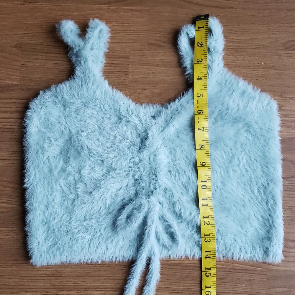 Wild Fable Fuzzy Mint Green Faux Fur Ruched Crop Top Women's Size Medium - Picture 9 of 12